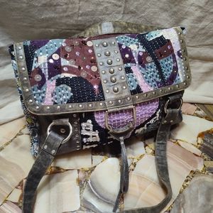Christiana Hand Beaded Distressed Leather Shoulder Bag Studded Purse